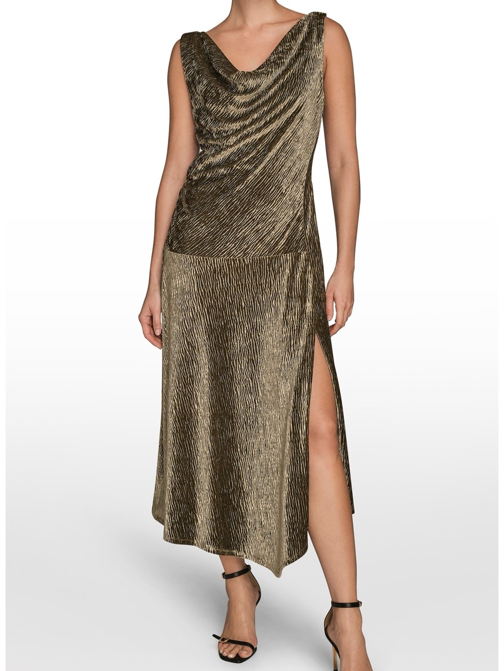 Donna Karan Cowl Neck Sleeveless Velvet Midi Cocktail Dress
